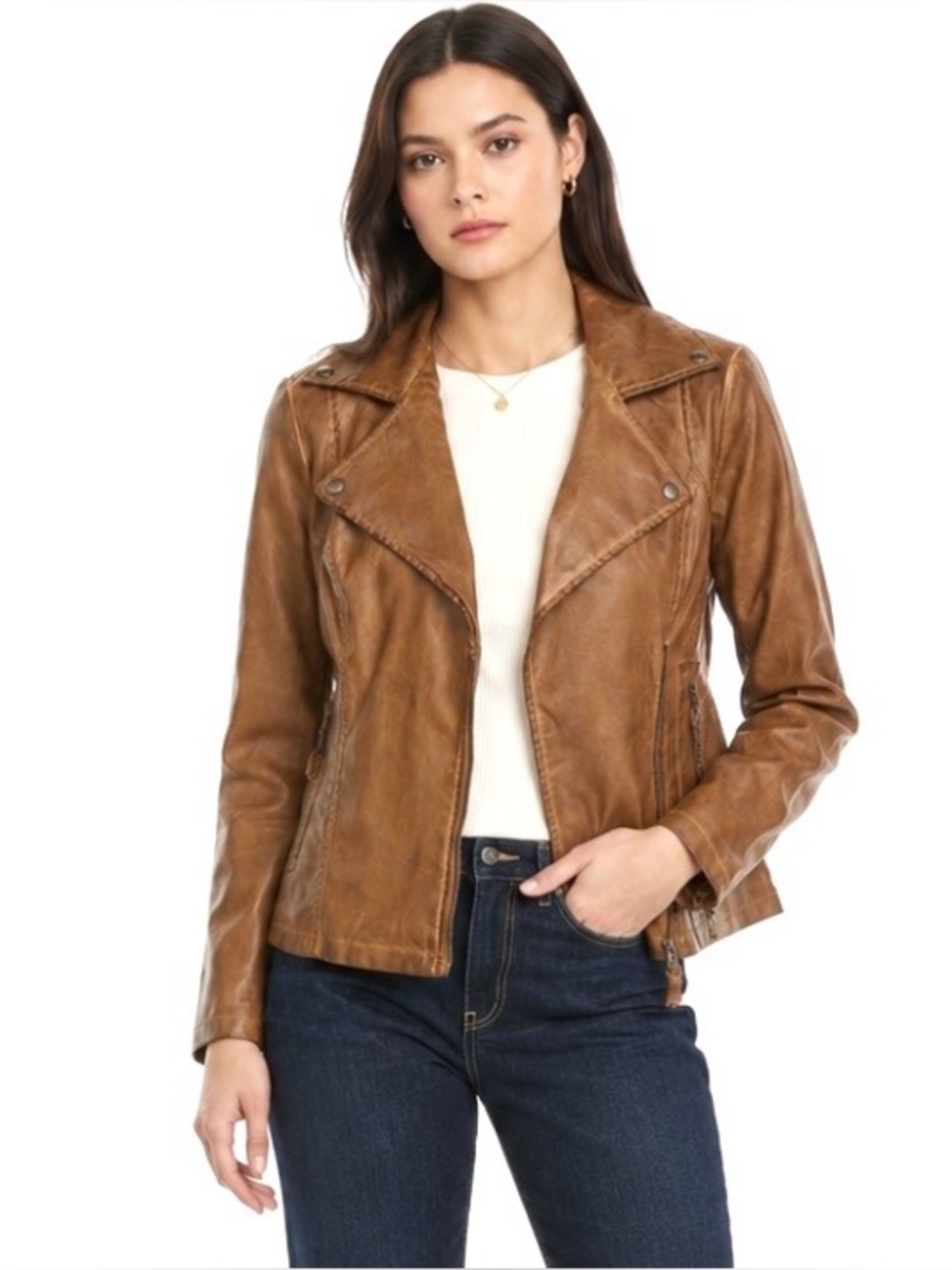 Max Studio, Women's distressed Brown Faix Leather Jacket, Size M